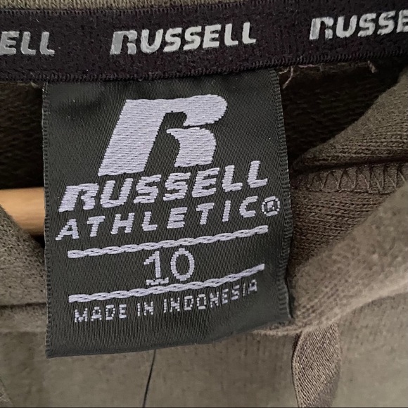 Womens unisex Russell Athletic embossed logo hoodie jumper front pocket green - Picture 5 of 8